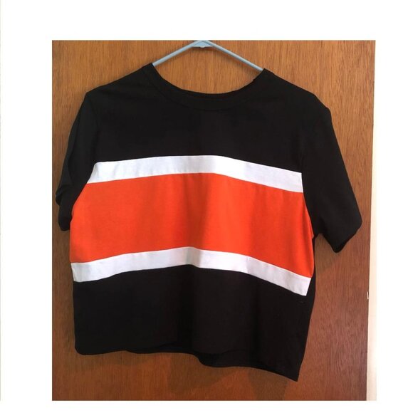 Gaze Tops - Gaze, Black with Orange & White, Cropped Jersey Top, Size Large